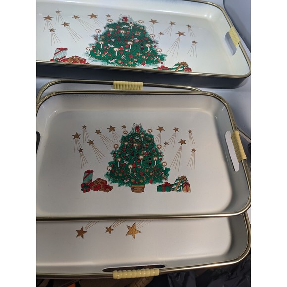 VTG 3 Pc Lacquered Merry Christmas Nesting Trays Hand Decorated w/ box Japan - Picture 5 of 16
